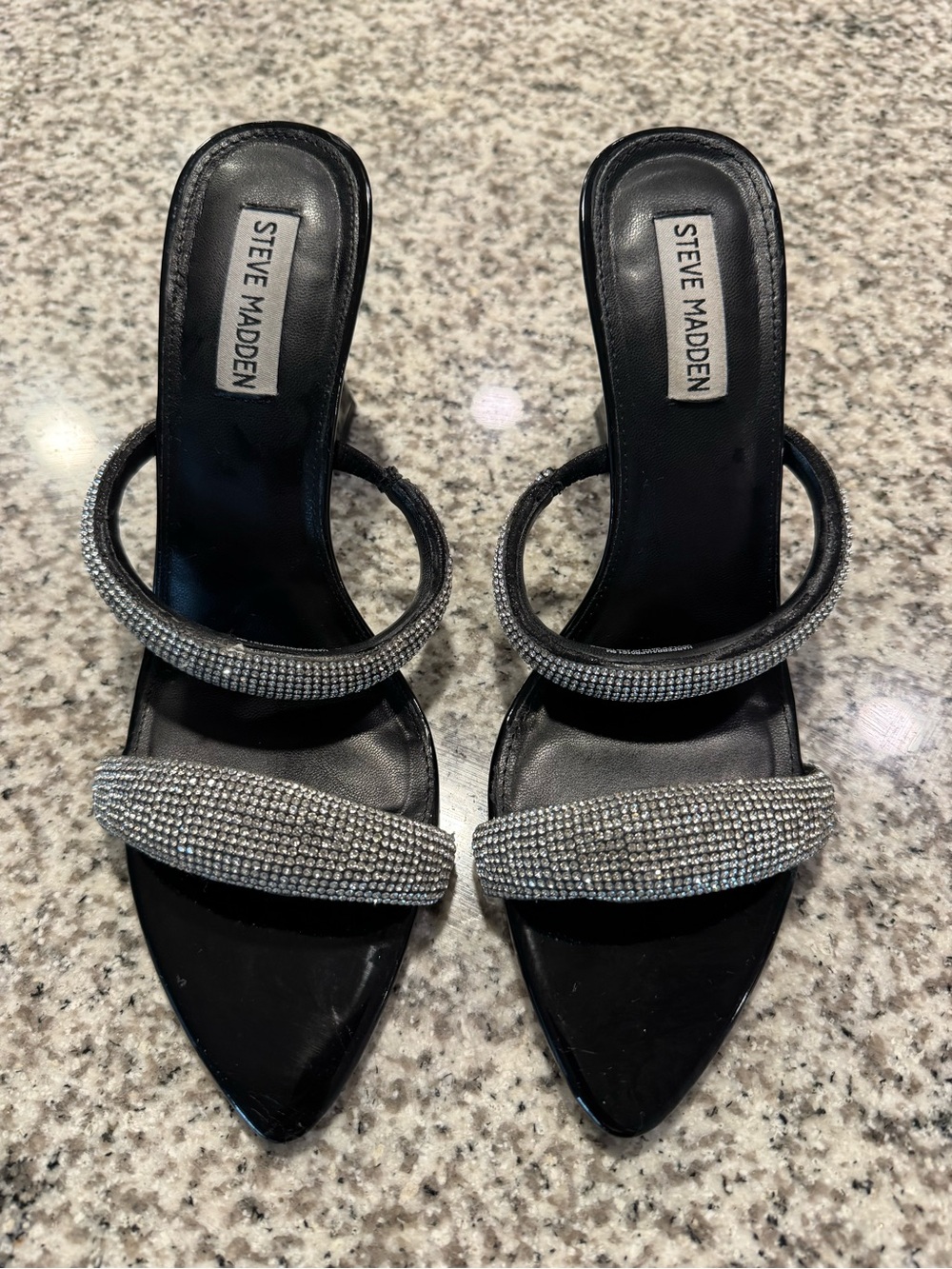 Steve Madden Black Slide Heel Sandals with Silver Crystal Straps